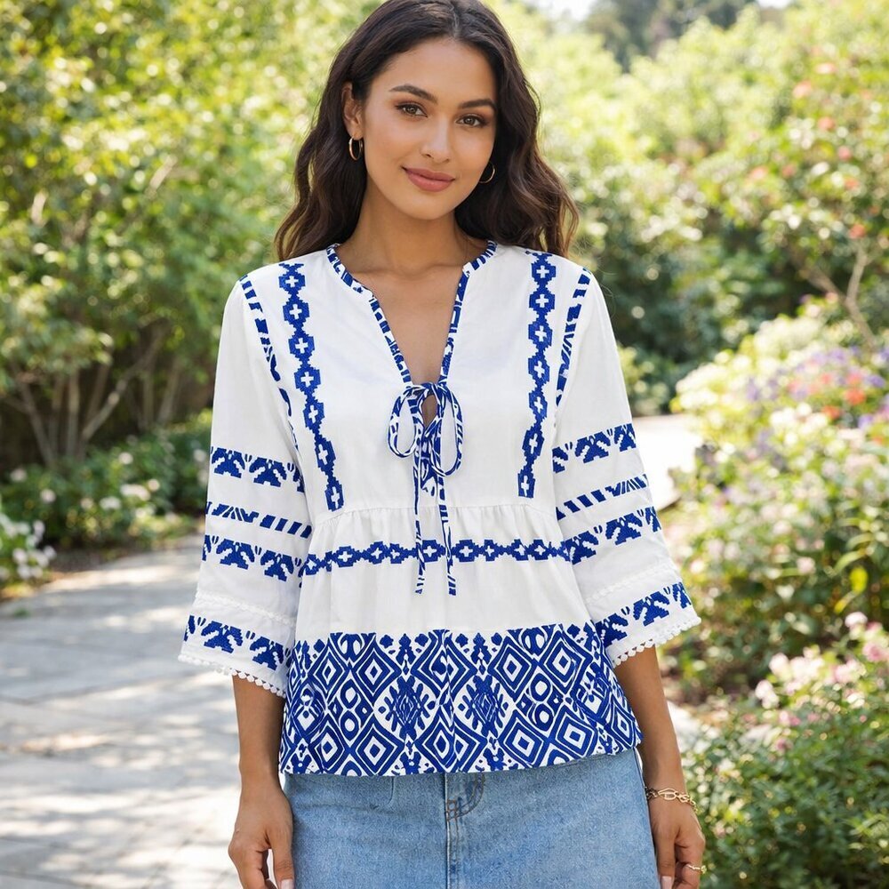 Small Cupshe White & Blue Geometric V-Neck Flared Sleeve Blouse 3/4 Sleeve NWT